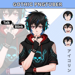 Gothic male PNGTuber model with talk and blink expressions, black cyber gothic outfit, ready to use VTuber PNG avatar for Twitch streaming, digital download