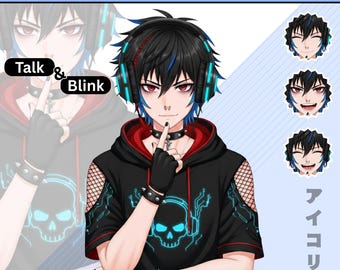 Puede incluir: Ilustración digital de un personaje PNGTuber gótico con cabello negro y reflejos azules, vistiendo una sudadera con capucha negra con un diseño de calavera. El personaje tiene ojos rojos y usa auriculares. Incluye el texto "Talk & Blink".
