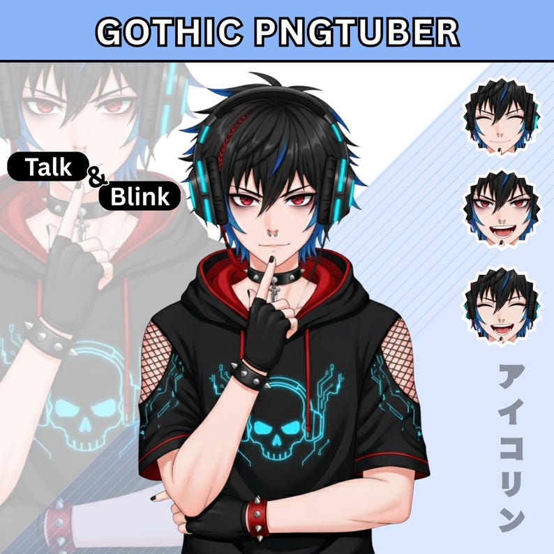 Gothic male PNGTuber model with talk and blink expressions, black cyber gothic outfit, ready to use VTuber PNG avatar for Twitch streaming, digital download