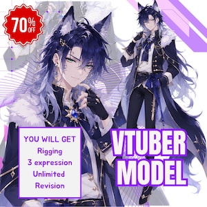 May include: A digital illustration of a character with dark blue hair, wolf ears, and green eyes, wearing a navy blue and white formal coat with gold accents. The image includes text stating 70% OFF, VTUBER MODEL, and YOU WILL GET Rigging, 3 expression, Unlimited Revision.