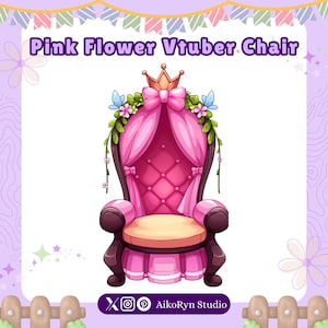 May include: A pink throne-like chair with a canopy, decorated with flowers and a crown. The chair has a pink cushion and a ruffled skirt.