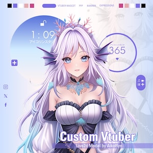 Op de afbeelding: Digitale illustratie van een aangepaste VTuber met lang, vloeiend lavendelhaar en blauwe ogen. Ze draagt een witte en zwarte outfit met een decoratieve kraag en een koraalachtig hoofddeksel. De afbeelding bevat de tekst "Custom Vtuber" en "Live2d Model by AikoRyn".