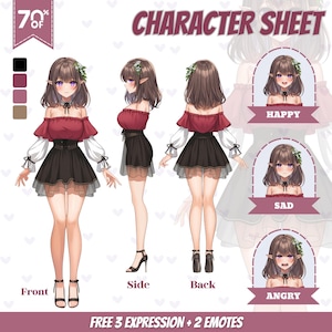 Peut inclure: Illustration d'une fiche de personnage de style anime, représentant une femme en tenue rouge et noire, avec des vues de face, de côté et de dos. La fiche comprend trois expressions faciales : heureux, triste et en colère. Le texte de l'image indique "CHARACTER SHEET" et "FREE 3 EXPRESSION + 2 EMOTES".