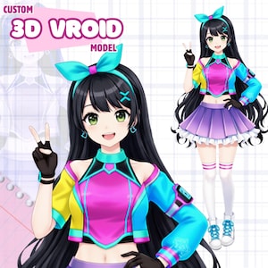 以下が含まれることがあります： カスタム3D Vroidモデルのデジタルイラスト。キャラクターは長い黒髪、緑色の目を持ち、青いリボン、ピンクのトップス、紫のスカートのカラフルな衣装を着ています。「CUSTOM 3D VROID MODEL」というテキストが上部に表示されています。