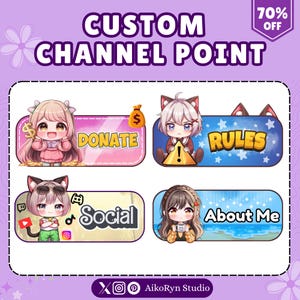 Könnte beinhalten: Benutzerdefinierte Kanalpunkt-Grafiken mit Anime-Charakteren. Das Set enthält Designs für "Donate", "Rules", "Social" und "About Me". Jede Grafik zeigt einen einzigartigen Charakter und Hintergrund, mit einem Rabatt von 70 %.