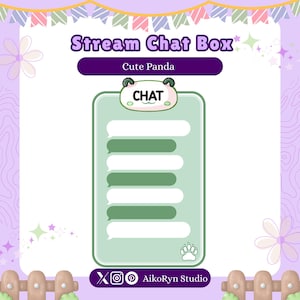 May include: A green chat box featuring a cute panda illustration and the word "CHAT" in a white box. The chat box has six empty text boxes for messages. The background is purple with white flowers and stars.