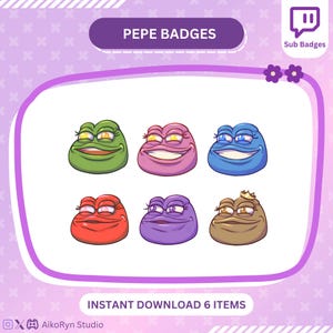 Pepe Sub Badges for Twitch – 6 Funny Pepe Twitch Badges – Meme Style Streamer Badges – Instant Download