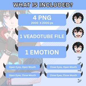 Gothic male PNGTuber model with talk and blink expressions, black cyber gothic outfit, ready to use VTuber PNG avatar for Twitch streaming, digital download