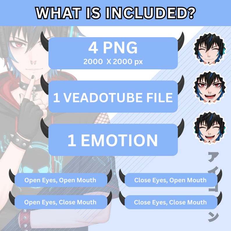 Gothic male PNGTuber model with talk and blink expressions, black cyber gothic outfit, ready to use VTuber PNG avatar for Twitch streaming, digital download