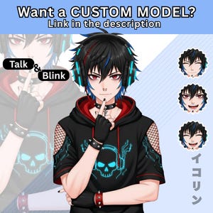 Gothic male PNGTuber model with talk and blink expressions, black cyber gothic outfit, ready to use VTuber PNG avatar for Twitch streaming, digital download