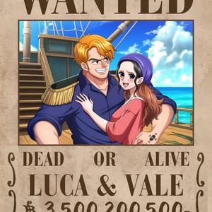 Póster de anime pirata personalizado, retrato de anime personalizado, arte de pared imprimible, regalo de One Piece, regalo de aniversario para pareja