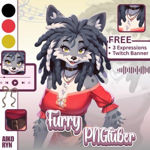 Pode incluir: Arte digital de um personagem de lobo furry com pelo cinza, dreadlocks e uma parte superior vermelha. A imagem inclui o texto "Furry PNGtuber" e "FREE - 3 Expressions - Twitch Banner."