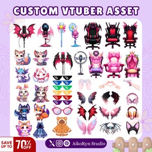 Custom Vtuber Assets, Animated Vtuber Asset, Pets Vtuber assets, Hand Vtuber assets, Microphone and Chair Vtuber Assets, Wing Vtuber Assets