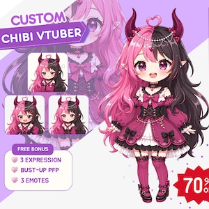 Pode incluir: Uma ilustração personalizada de personagem VTuber chibi com um penteado dividido em rosa e preto, chifres escuros e uma auréola em forma de coração. O personagem veste um vestido rosa escuro e preto com detalhes em renda e corações.