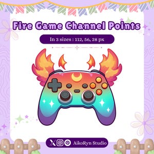 May include: A colorful game controller design with fire-like wings and a crescent moon. The controller has a gradient of colors, including blue, green, orange, and purple. Text reads "Fire Game Channel Points" and "In 3 sizes: 112, 56, 28 px."