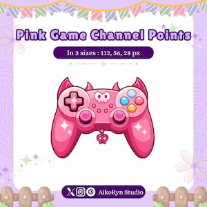 May include: Pink video game controller with devil horns, skull details, and sparkly accents. The text "Pink Game Channel Points" and "In 3 sizes: 112, 56, 28 px" is displayed above the controller.