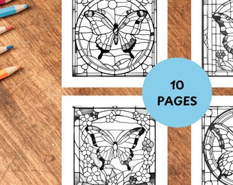 Stained Glass Butterfly Coloring Pages: 10 Printable Sheets (Instant Download)
