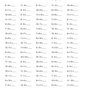 May include: A black and white worksheet with the title "Math Worksheet: Mixed (Page 1)" and a grid of math problems for addition and subtraction. The problems are arranged in columns and rows, with the answers to be filled in by the user.