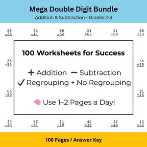 May include: A blue and yellow graphic with the text "Mega Double Digit Bundle" and "Addition & Subtraction - Grades 2-3". The graphic also includes a pink brain icon and the text "100 Worksheets for Success", "+ Addition - Subtraction", "Regrouping + No Regrouping", and "Use 1-2 Pages a Day!"