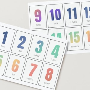 英語・フランス語の数字フラッシュカード 1～20：グラデーション教育プリント（デジタルダウンロード）