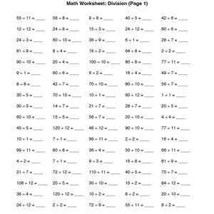 Może przedstawiać: Czarno-biała karta pracy zatytułowana "Karta pracy z matematyki: Dzielenie (Strona 1)". Karta pracy zawiera siatkę zadań matematycznych obejmujących dodawanie i dzielenie. Każde zadanie ma puste miejsce na odpowiedź.