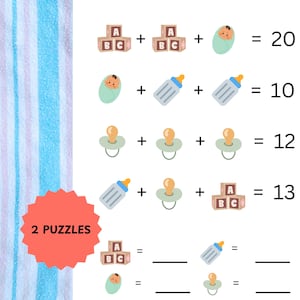 May include: A worksheet with two puzzles for kids. The puzzles feature baby-related items like pacifiers, bottles, and blocks. The first puzzle has four equations with the answers provided. The second puzzle has two equations with blank spaces for the answers. The text "2 PUZZLES" is written in a red circle.