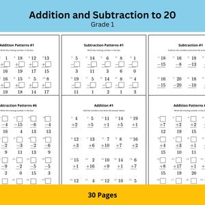 May include: Black and white worksheet with addition and subtraction problems for first grade students. The worksheet includes problems with numbers up to 20. The title of the worksheet is "Addition and Subtraction to 20, Grade 1".