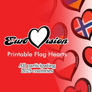 Eurovision Country Flags 2025, Eurovision Flags in Hearts, Eurovision Party Digital Download