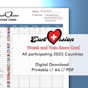 ユーロビジョン 2025 スコアカード | 印刷可能な A4 PDF ダウンロード | 国旗と国名を含む | 政党投票シート グランド ファイナル 第 2 準決勝