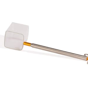 May include: A silver and gold net with a square mesh and a long handle. The handle is made of metal and has a gold-colored tip. The net is attached to the handle with a small chain.