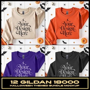 May include: A set of four crewneck sweatshirts in beige, orange, purple, and black, each featuring the text Your Design Here in a decorative font with moon and star accents. The sweatshirts are displayed against a white background with bats.