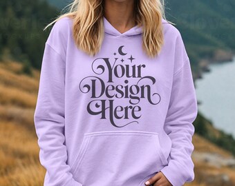 Orchid Gildan 18500 Hoodie Mockup Orchid G 18500 Hoodie Mockup Gildan Hoodie Crewneck Mockup Orchid Hoodie Outdoor POD Mockup