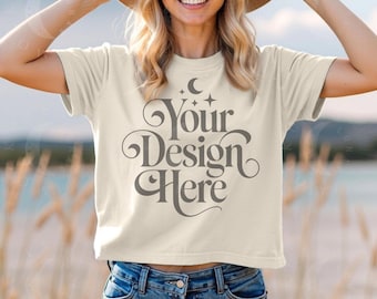 Comfort Colors 3023CL Ivory Mockup 3023 Ivory Women's Boxy Tee Mock-up Crop T-Shirt Model Mocks Ivory Boxy Tee Outdoor Mock up