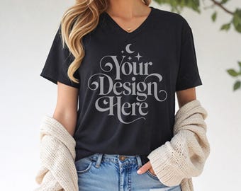Black Bella Canvas 3005 Vneck Tshirt Mockup BC 3005 Black V-Neck Shirt Mock-up Women Jersey Short Sleeve V-Neck Tee Outdoor Model Mocks