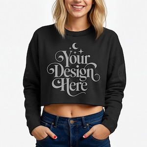 Bella Canvas 7503 Black Mockup Women&#39;s Cropped Sweatshirt Mock-up Black BC7503 Mock up Black Bella Crop Top Sweater POD Mockup