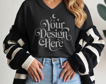 Bella Canvas 3005 Black Vneck Tshirt Mockup BC 3005 Black V-Neck Shirt Mock-up Women Jersey Short Sleeve V-Neck Tee Model Mock