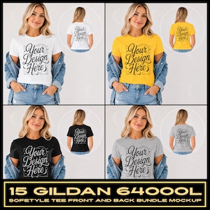 May include: A collection of four Gildan 64000L t-shirts in white, yellow, black, and gray. Each shirt features the text Your Design Here in a decorative script font. The bundle includes front and back views for each color, showcasing a crew neck.