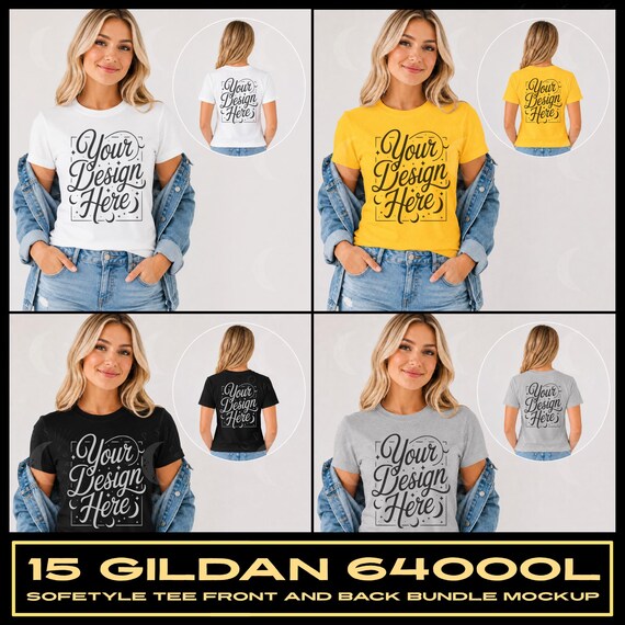 Gildan 64000L Bundle Mockup Women's Softstyle Tee Set Mock-up G64000L Front and Back Mock up G 64000L Print on Demand Mockups
