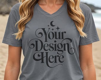 Asphalt Bella Canvas 3005 Vneck Tshirt Mockup BC 3005 Asphalt V-Neck Shirt Beach Mock-up Jersey Short Sleeve V-Neck Tee Summer Theme Mock