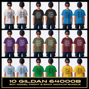 Könnte beinhalten: Eine Kollektion von zehn Gildan 64000B T-Shirts in verschiedenen Farben, jeweils in Vorder- und Rückansicht dargestellt. Die T-Shirts tragen den Text 'Your Design Here' in einer dekorativen Schrift. Jedes T-Shirt ist mit dunklen Shorts und einer Kappe kombiniert.