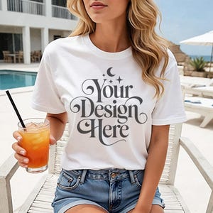 Weiß Bella Canvas 3001 Shirt Sommer Mockup BC3001 Weißes T-Shirt Tropischer Strand Themed Mock-up Bella Tee Beachy TShirt Mocks