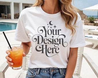 White Bella Canvas 3001 Shirt Summer Mockup BC3001 White T-Shirt Tropical Beach Themed Mock-up Bella Tee Beachy TShirt Mocks