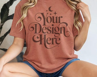 Heather Clay Bella Canvas 3001 Shirt Mockup BC3001 Heather Clay Tshirt Mock-up Heather Clay Tee Mock BC 3001 Casual Model Simple Boho Mocks
