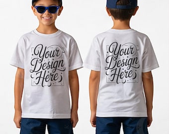 White Gildan 64000B Mockup G 64000B Front and Back Mock-up White G64000B Boy Kid Mock up Kids Softstyle Tee Front Back Print on Demand Mock