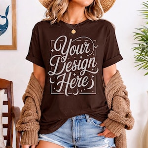 Dark Chocolate Gildan 5000 Mockup G5000 Summer Themed T-shirt Mockup Aesthetic Boho Women Model Tshirt Mock G 5000 Aesthetic Lifestyle Mock