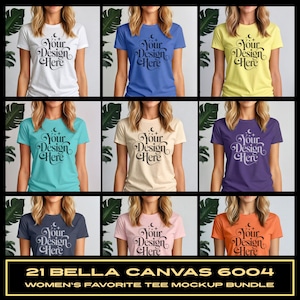 May include: A selection of nine Bella Canvas 6004 t-shirts in diverse colours, including white, blue, yellow, teal, beige, purple, navy, pink, and orange. Each shirt displays the text "Your Design Here" in an ornate font. The image is a mockup bundle.