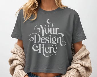 Comfort Colors 3023CL Pepper Shirt Mockup 3023 Pepper Women's Boxy Tee Mock-up Crop T-Shirt Model Mocks Simple Crop Shirt Mock up