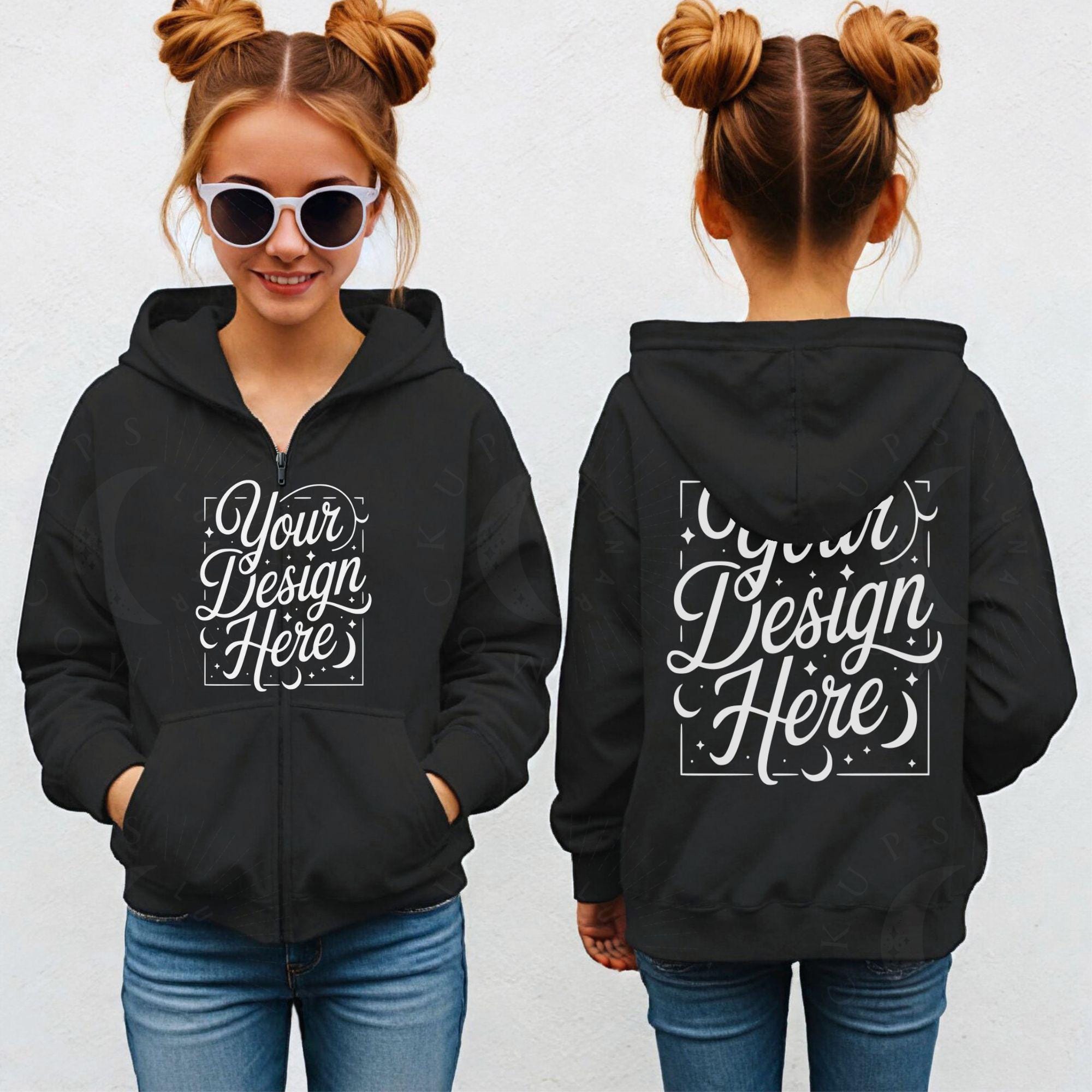 Black Gildan 18600B Front and Back Mockup Youth Heavy Blend Zipped