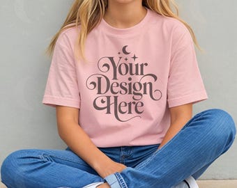 Pink Bella Canvas 3001Y Shirt Mockup Kids Pink Tshirt Mock up Youth T-shirt Mock-up Pink BC 3001Y Mocks Child Tee Mockups