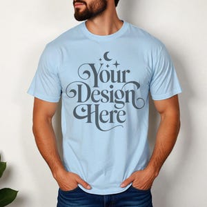 Gildan 5000 Light Blue T-Shirt Mockup Male G500 Tshirt Mock-up Men Shirt Model Mock Casual Mocks Mens Gildan 5000 Front View Light Blue Tee